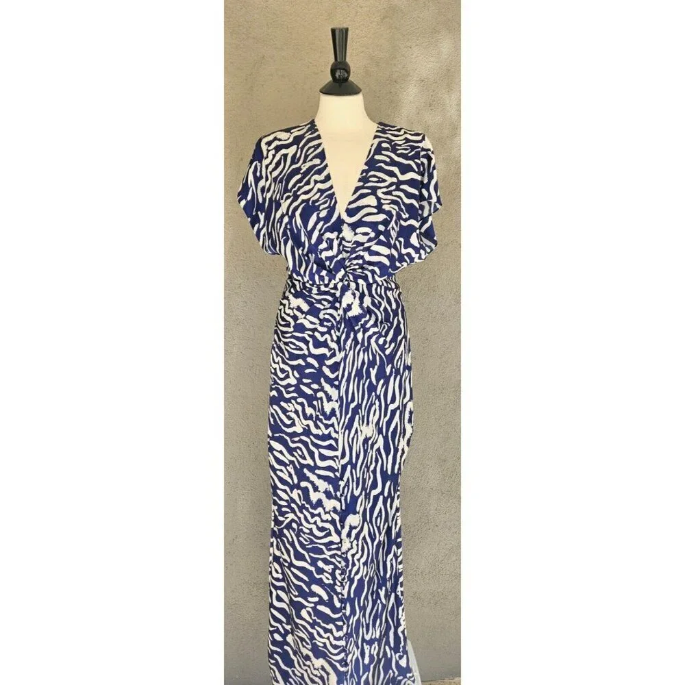 PRABAL GARUNG Blue and White Printed Silk Long Dress Ruched Bodice Size 8 - Picture 1 of 11